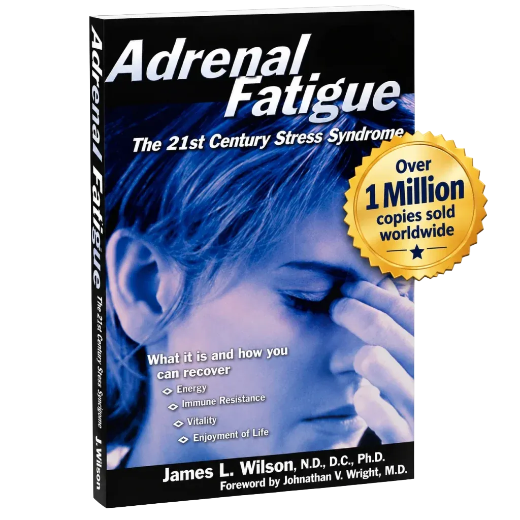 Book cover for Adrenal Fatigue: The 21st Century Stress Syndrome, showing a stressed woman and a gold badge reading 'Over 1 Million copies sold worldwide'