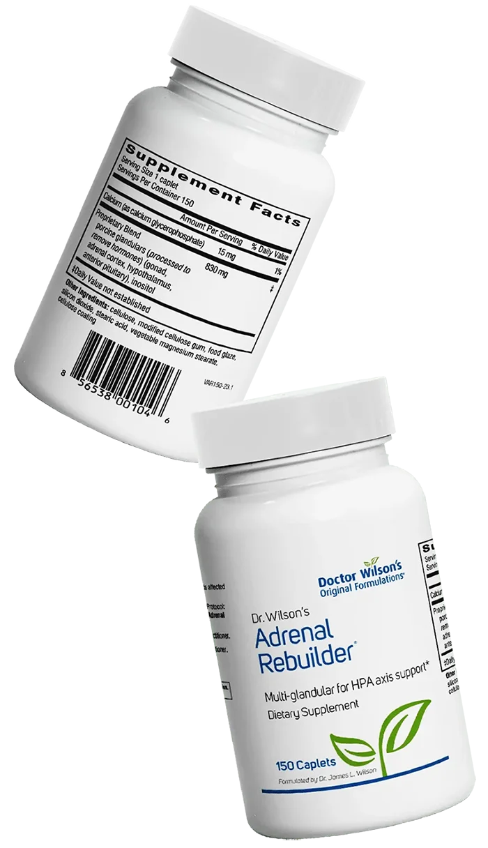 Dr. Wilson's Adrenal Rebuilder dietary supplement bottle with 150 caplets, showing supplement facts label on the side.