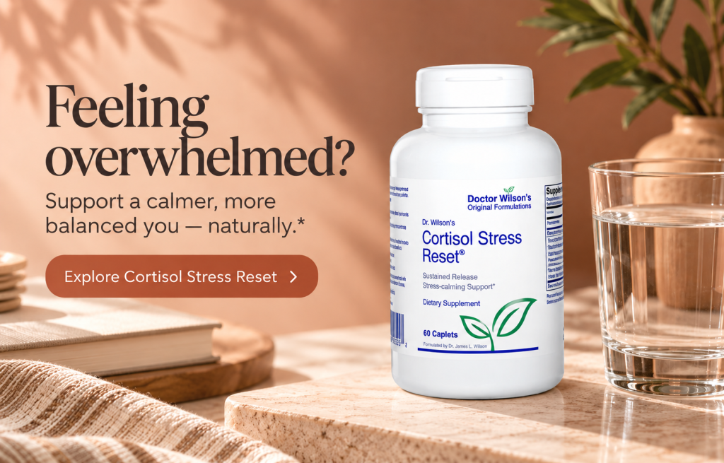 Ad: Cortisol Stress Reset bottle on a wooden surface with a glass of water, beside the headline 'Feeling overwhelmed?'