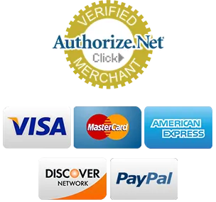 Gold 'Verified Merchant' badge above a row of payment logos: Visa, MasterCard, American Express, Discover, and PayPal.